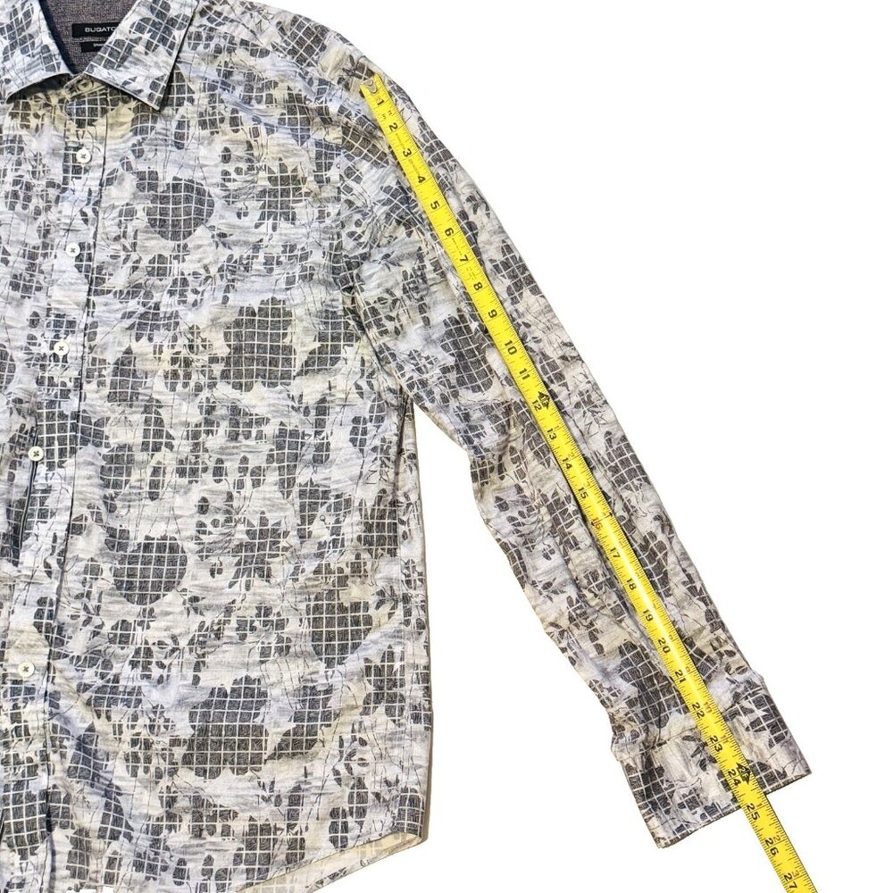 Bugatchi Long Sleeve Flip Cuff Shaped Fit Shirt Gray Floral Leaves Large - Picture 10 of 16